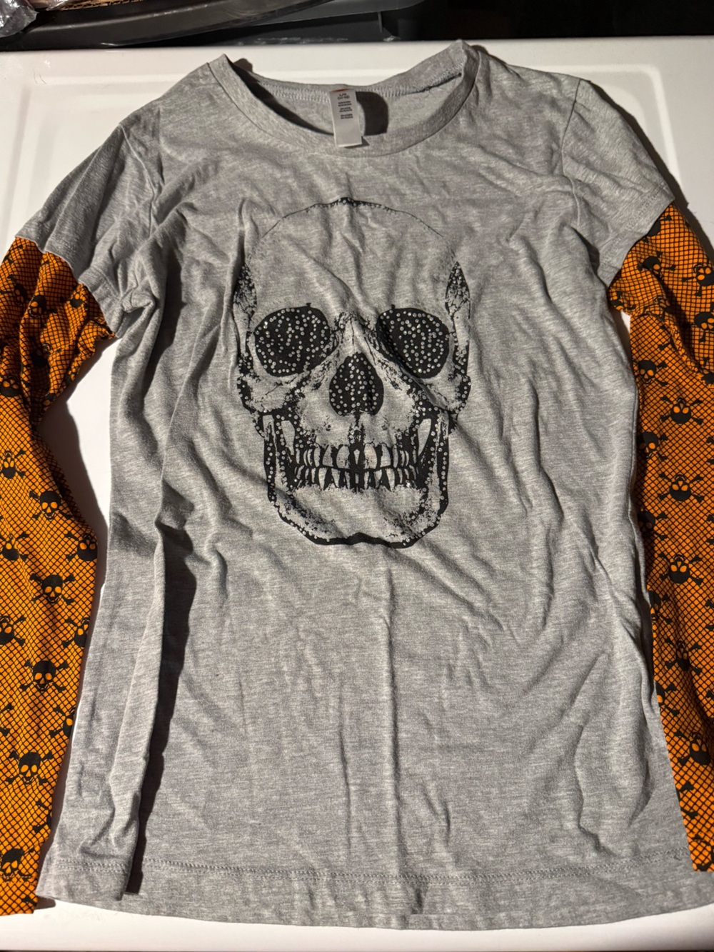 Gray Skull Graphic Long-Sleeve Tee with Orange Sleeves